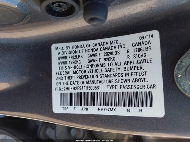 Auction sale of the 2015 Honda Civic Ex-l, vin: 2HGFB2F94FH500531, lot number: 45920760