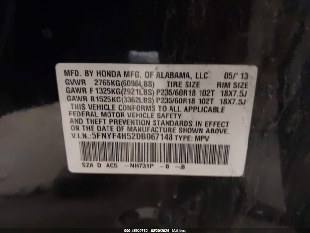 Продаж на аукціоні авто 2013 Honda Pilot Ex-l, vin: 5FNYF4H52DB067148, номер лоту: 45920762