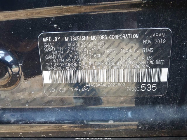 45920768 :رقم المزاد ، JA4AS3AA4LZ022603 vin ، 2020 Mitsubishi Eclipse Cross Es 1.5t مزاد بيع