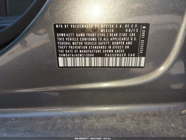 2014 Volkswagen Jetta 1.8t Se მანქანა იყიდება აუქციონზე, vin: 3VWD07AJ4EM213584, აუქციონის ნომერი: 45920771
