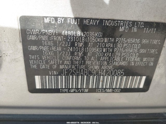 Aukcja sprzedaży 2012 Subaru Forester 2.5x, vin: JF2SHABC9CH420085, numer aukcji: 45920776