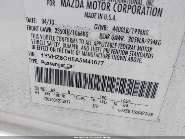Aukcja sprzedaży 2010 Mazda Mazda6 I Touring, vin: 1YVHZ8CH5A5M41677, numer aukcji: 45920778
