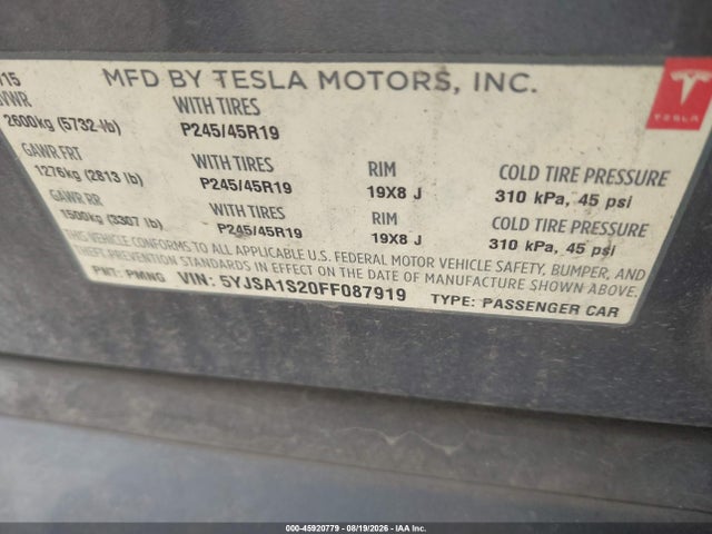 Продаж на аукціоні авто 2015 Tesla Model S 70d/85d/p85d, vin: 5YJSA1S20FF087919, номер лоту: 45920779