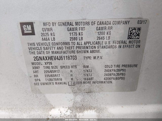Aukcja sprzedaży 2018 Chevrolet Equinox Ls, vin: 2GNAXHEV4J6118703, numer aukcji: 45920784