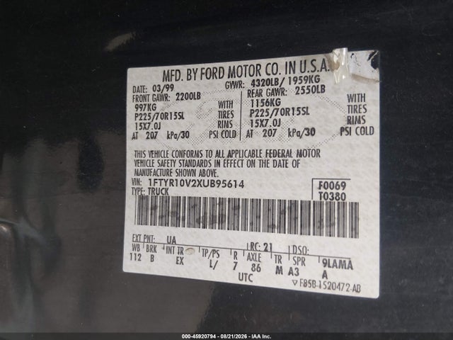 45920794 :رقم المزاد ، 1FTYR10V2XUB95614 vin ، 1999 Ford Ranger Xl/xlt مزاد بيع