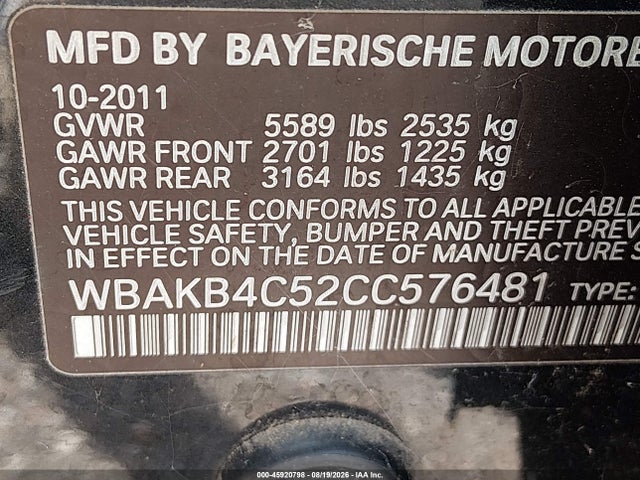 Aukcja sprzedaży 2012 Bmw 740li, vin: WBAKB4C52CC576481, numer aukcji: 45920798