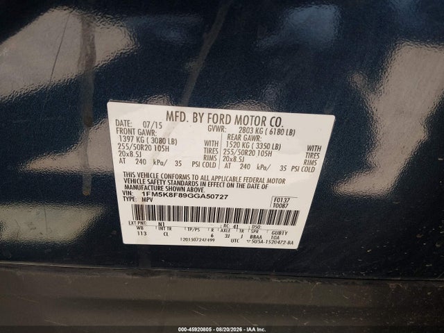 1FM5K8F89GGA50727 Ford Explorer Limited