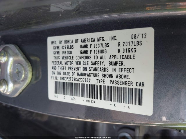 Продажа на аукционе авто 2012 Honda Accord 2.4 Se, vin: 1HGCP2F69CA237652, номер лота: 45920810