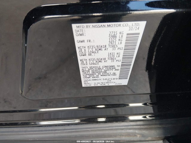 45920821 :رقم المزاد ، 5N1AL0MM1FC502589 vin ، 2015 Infiniti Qx60 مزاد بيع