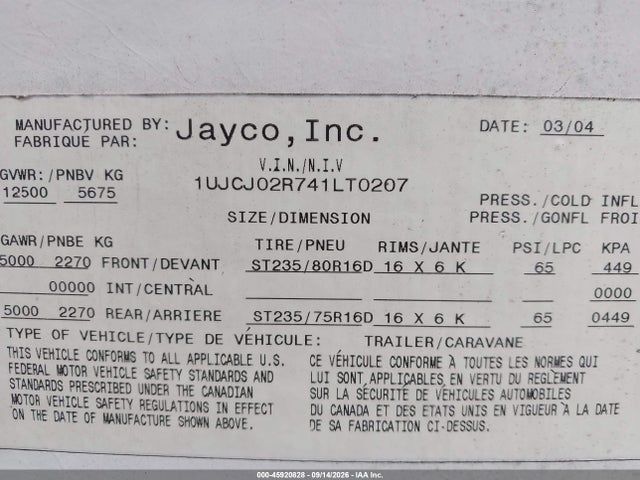 2004 Jayco Eagle მანქანა იყიდება აუქციონზე, vin: 1UJCJ02R741LT0207, აუქციონის ნომერი: 45920828