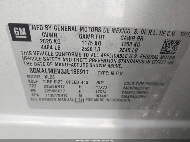 Aukcja sprzedaży 2018 Gmc Terrain Sle, vin: 3GKALMEV3JL186911, numer aukcji: 45920841