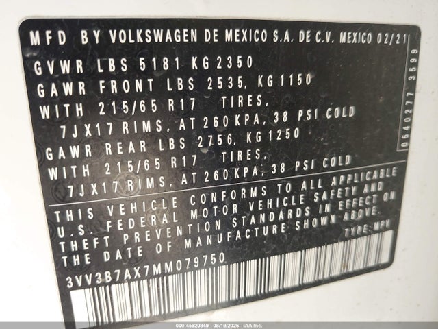 2021 Volkswagen Tiguan 2.0t Se/2.0t Se R-line Black/2.0t Sel მანქანა იყიდება აუქციონზე, vin: 3VV3B7AX7MM079750, აუქციონის ნომერი: 45920849