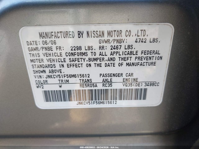 2006 Infiniti G35x მანქანა იყიდება აუქციონზე, vin: JNKCV51F56M615612, აუქციონის ნომერი: 45920853