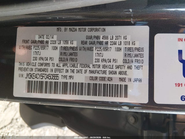 Aukcja sprzedaży 2015 Mazda Cx-5 Touring, vin: JM3KE4CY5F0450665, numer aukcji: 45920857