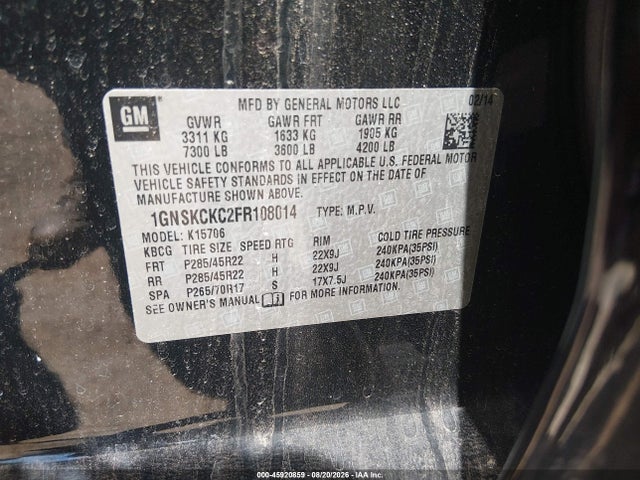 Aukcja sprzedaży 2015 Chevrolet Tahoe Ltz, vin: 1GNSKCKC2FR108014, numer aukcji: 45920859