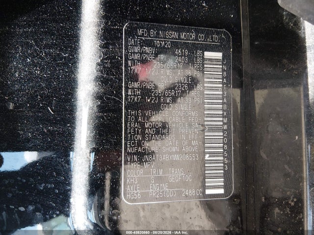2021 Nissan Rogue S Intelligent Awd მანქანა იყიდება აუქციონზე, vin: JN8AT3ABXMW208553, აუქციონის ნომერი: 45920860