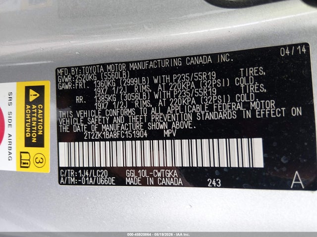 45920864 :رقم المزاد ، 2T2ZK1BA8FC151904 vin ، 2015 Lexus Rx 350 مزاد بيع