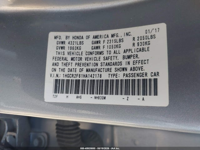 Продажа на аукционе авто 2017 Honda Accord Sport, vin: 1HGCR2F61HA142178, номер лота: 45920885