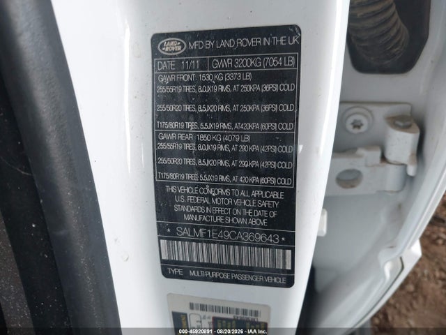 Aukcja sprzedaży 2012 Land Rover Range Rover Supercharged, vin: SALMF1E49CA369643, numer aukcji: 45920891