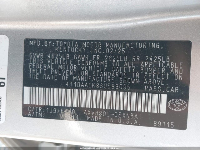 Aukcja sprzedaży 2025 Toyota Camry Le, vin: 4T1DAACK8SU589095, numer aukcji: 45920896