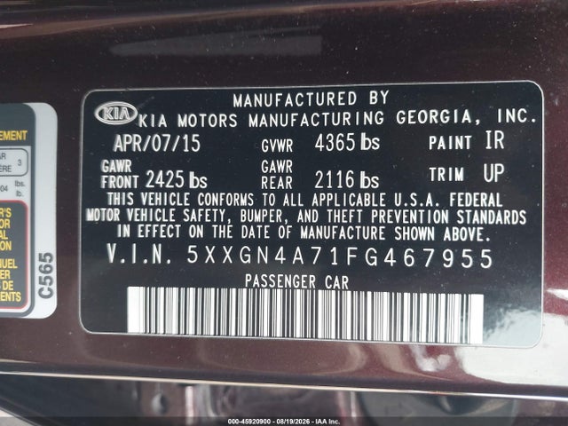 2015 Kia Optima Ex მანქანა იყიდება აუქციონზე, vin: 5XXGN4A71FG467955, აუქციონის ნომერი: 45920900