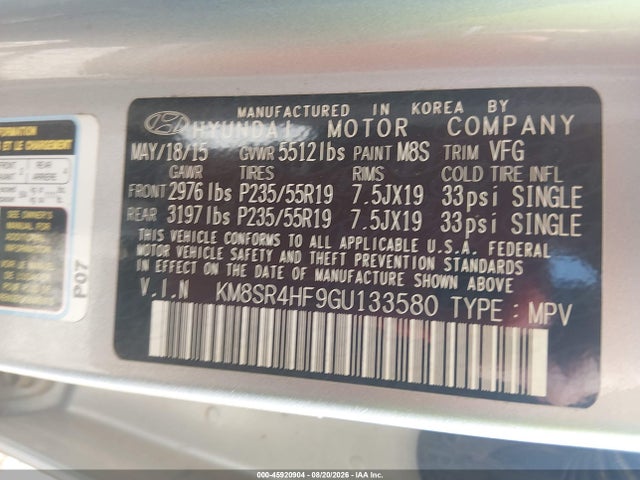 Aukcja sprzedaży 2016 Hyundai Santa Fe Limited, vin: KM8SR4HF9GU133580, numer aukcji: 45920904