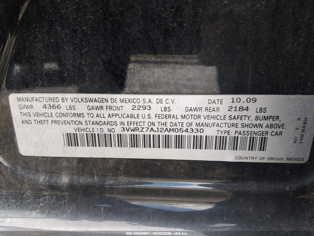 Продажа на аукционе авто 2010 Volkswagen Jetta Se, vin: 3VWRZ7AJ2AM054330, номер лота: 45920907