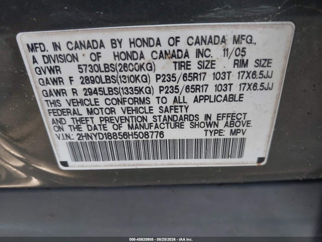 Продажа на аукционе авто 2006 Acura Mdx, vin: 2HNYD18856H508776, номер лота: 45920908