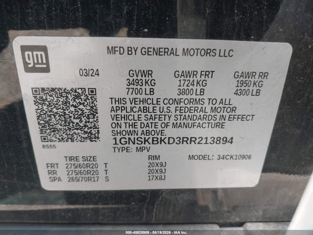 Aukcja sprzedaży 2024 Chevrolet Suburban 4wd Ls, vin: 1GNSKBKD3RR213894, numer aukcji: 45920909