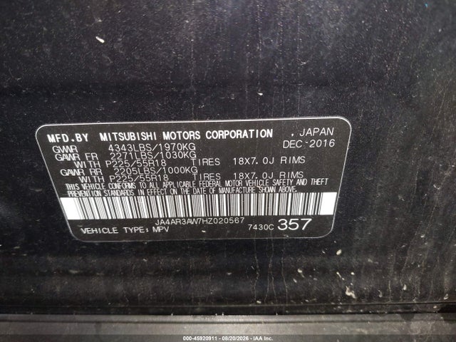 45920911 :رقم المزاد ، JA4AR3AW7HZ020567 vin ، 2017 Mitsubishi Outlander Sport 2.4 Se مزاد بيع