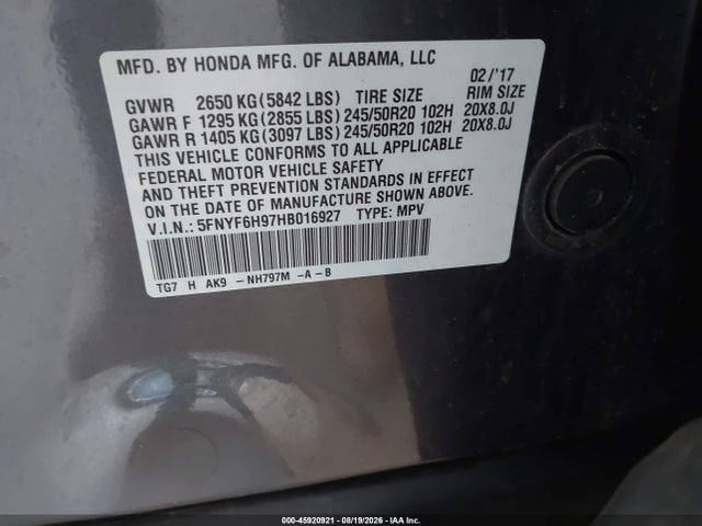 45920921 :رقم المزاد ، 5FNYF6H97HB016927 vin ، 2017 Honda Pilot Touring مزاد بيع