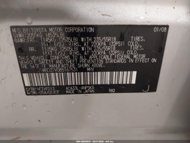 2008 Toyota Rav4 Sport მანქანა იყიდება აუქციონზე, vin: JTMBD32V085167531, აუქციონის ნომერი: 45920930