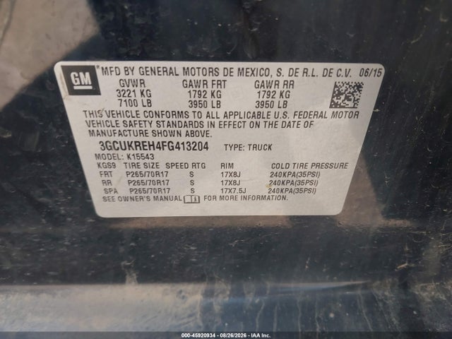 Продажа на аукционе авто 2015 Chevrolet Silverado 1500 Lt, vin: 3GCUKREH4FG413204, номер лота: 45920934