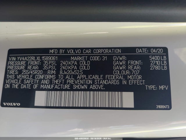Продажа на аукционе авто 2020 Volvo Xc60 T6 Inscription, vin: YV4A22RLXL1589061, номер лота: 45920938