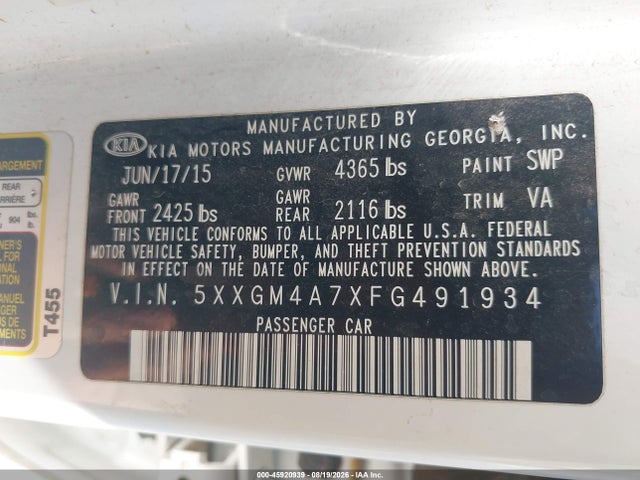 Aukcja sprzedaży 2015 Kia Optima Lx, vin: 5XXGM4A7XFG491934, numer aukcji: 45920939