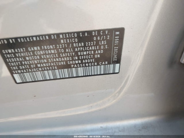 45920949 :رقم المزاد ، 3VW4A7AJ0CM465276 vin ، 2012 Volkswagen Jetta Gli Autobahn مزاد بيع