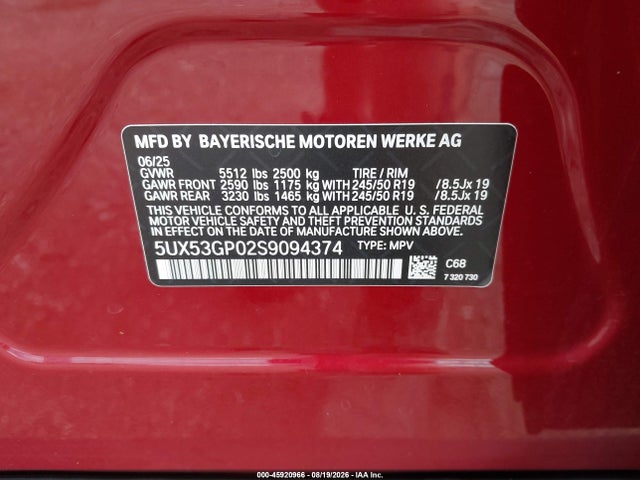 Продаж на аукціоні авто 2025 Bmw X3 30 Xdrive, vin: 5UX53GP02S9094374, номер лоту: 45920966