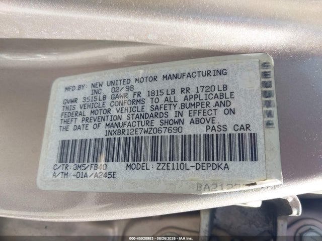 45920983 :رقم المزاد ، 1NXBR12E7WZ067690 vin ، 1998 Toyota Corolla Ce مزاد بيع