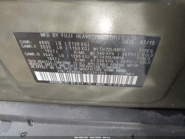 Subaru Outback 2.5i Limited 2016 4S4BSALC1G3201957 Image 9