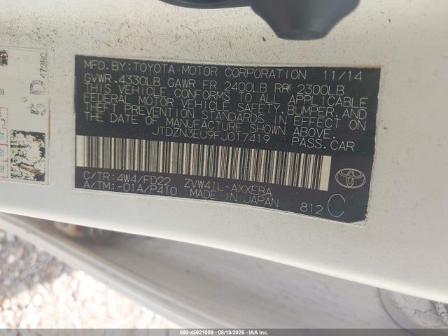 45921009 :رقم المزاد ، JTDZN3EU9FJ017419 vin ، 2015 Toyota Prius V Two مزاد بيع