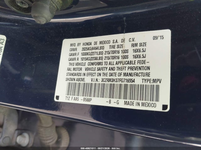 45921011 :رقم المزاد ، 3CZRM3H37FG716954 vin ، 2015 Honda Cr-v Lx مزاد بيع