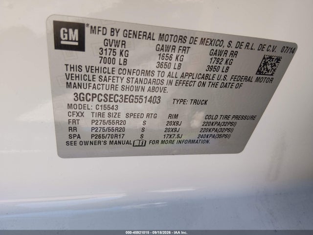 45921015 :رقم المزاد ، 3GCPCSEC3EG551403 vin ، 2014 Chevrolet Silverado 1500 Ltz مزاد بيع