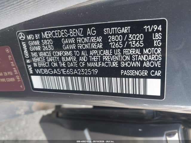 Продаж на аукціоні авто 1995 Mercedes-benz S 500, vin: WDBGA51E6SA232519, номер лоту: 45921018