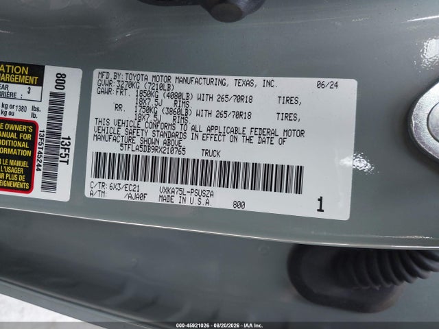 Aukcja sprzedaży 2024 Toyota Tundra Sr5, vin: 5TFLA5DB9RX210765, numer aukcji: 45921026