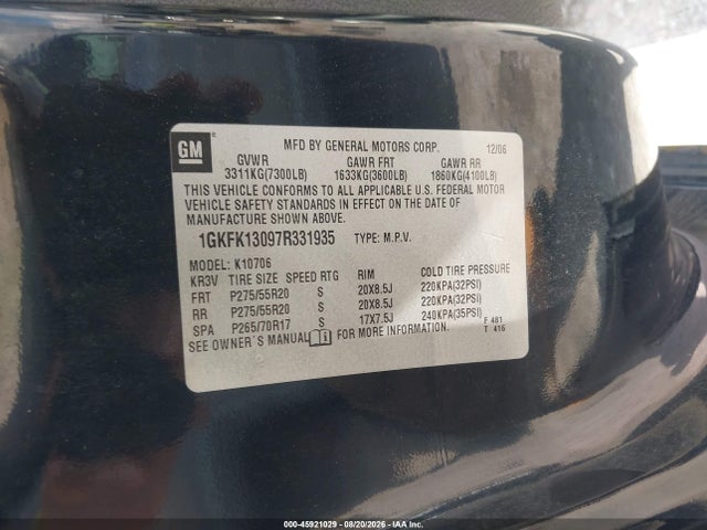 Aukcja sprzedaży 2007 Gmc Yukon Slt, vin: 1GKFK13097R331935, numer aukcji: 45921029