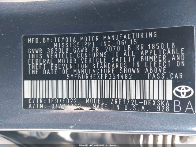 Toyota Corolla S Plus 2015 5YFBURHEXFP351482 Image 9