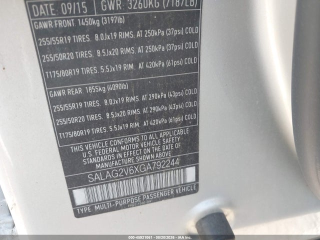 Продажа на аукционе авто 2016 Land Rover Lr4, vin: SALAG2V6XGA792244, номер лота: 45921061