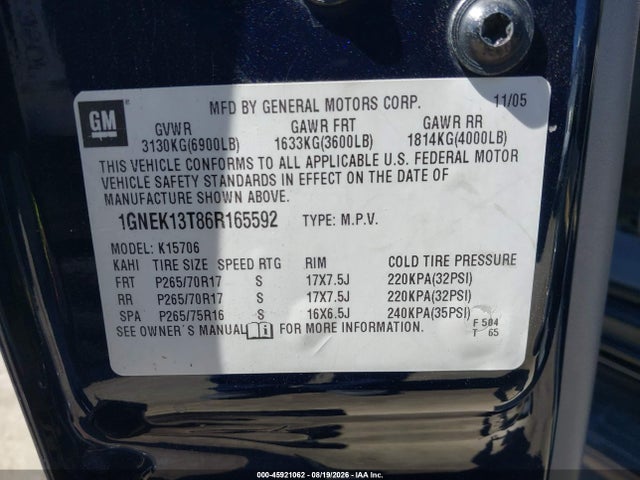 45921062 :رقم المزاد ، 1GNEK13T86R165592 vin ، 2006 Chevrolet Tahoe Lt مزاد بيع