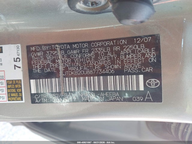 45921067 :رقم المزاد ، JTDKB20U887734406 vin ، 2008 Toyota Prius مزاد بيع