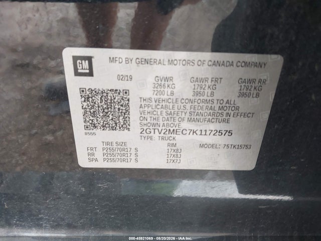 2019 Gmc Sierra 1500 Limited Sle მანქანა იყიდება აუქციონზე, vin: 2GTV2MEC7K1172575, აუქციონის ნომერი: 45921069
